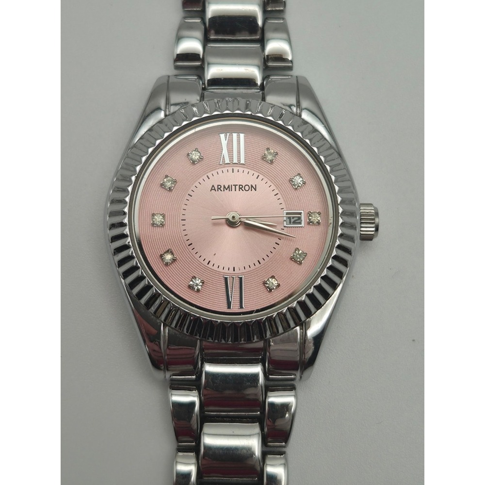 Armitron Womens Watch Pink Dial Crystal Markers Fluted Bezel 75/5691SV